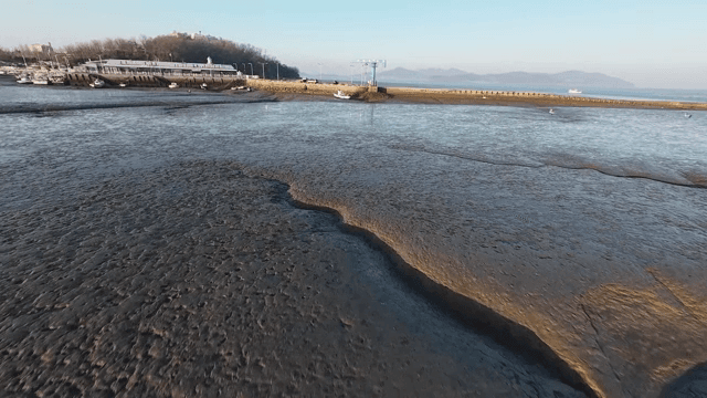 배와 건물이 있는 해안 갯벌