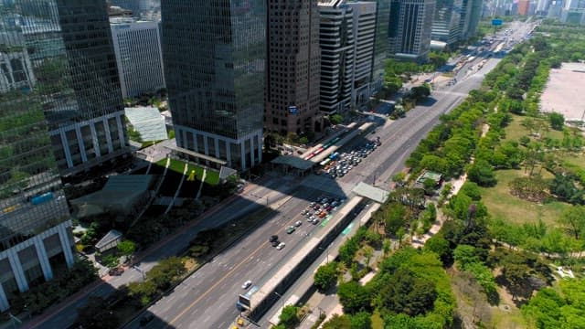 Cars Driving Busily Next to a Quiet Ecological Park