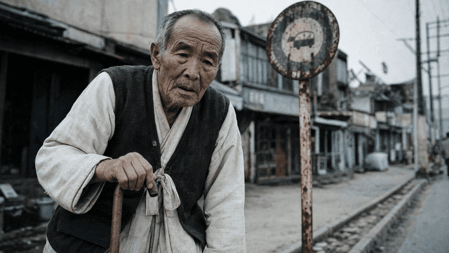 Elderly person wearing Hanbok and leaning on cane on street in 1970s