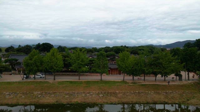 Traditional Korean village with lush greenery