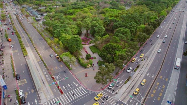 Aerial view of a city park with roads