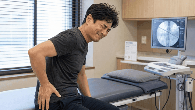 Male patient suffering from back pain at clinic