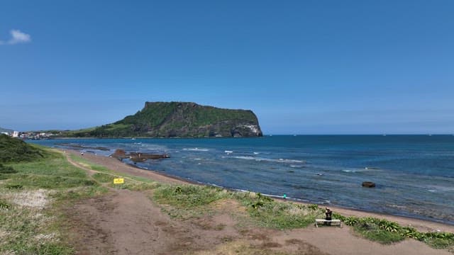 Seongsan Ilchulbong with Lush Greenery and Serene Sea on a Sunny Day