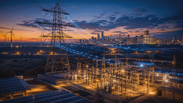 Power station with city skyline at dusk