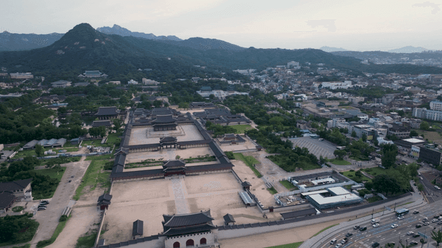 Aerial view of a historic palace in Seoul