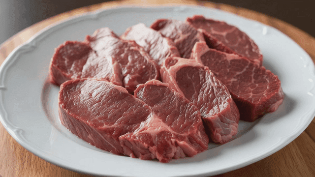 Raw beef slices on a white plate