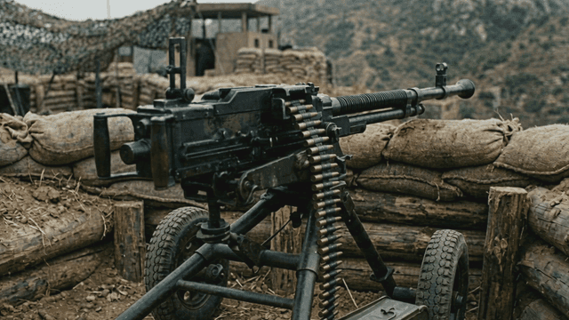 Machine gun deployed in military bunker