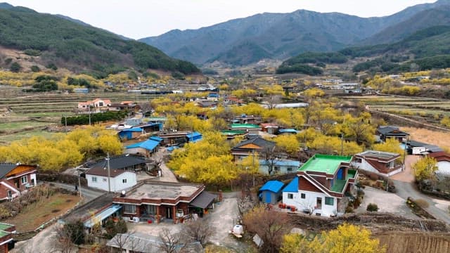 Scenic village surrounded by mountains