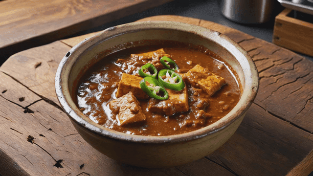 Rich soybean paste stew served in ceramic bowl