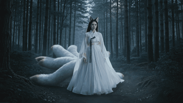 Nine-tailed fox in mysterious forest