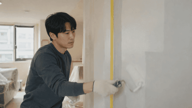 Man painting wall in bright room