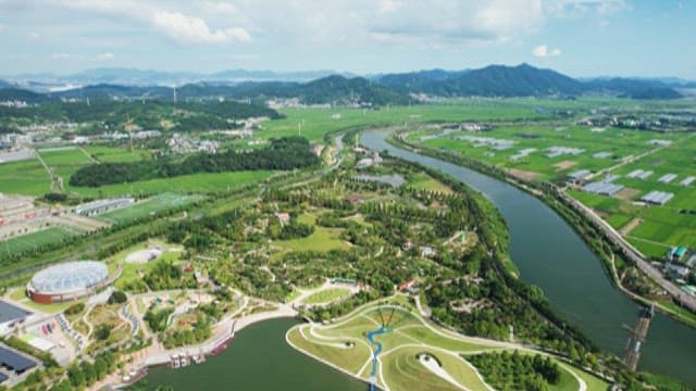 강가에 울창한 녹지 풍경