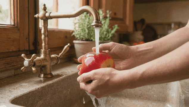 Washing an apple in a cozy kitchen