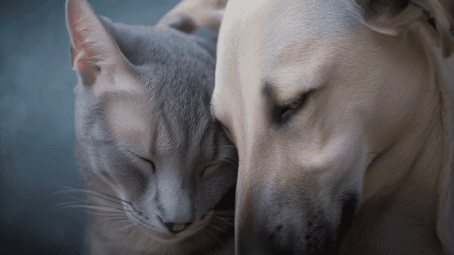 Cat and dog are seen close together, their heads together.