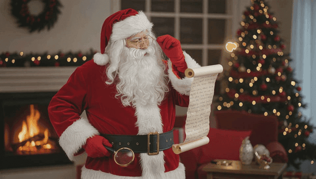 벽난로 옆에서 선물 목록을 읽는 산타