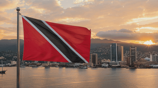 Trinidad and Tobago flag and city skyline at sunset