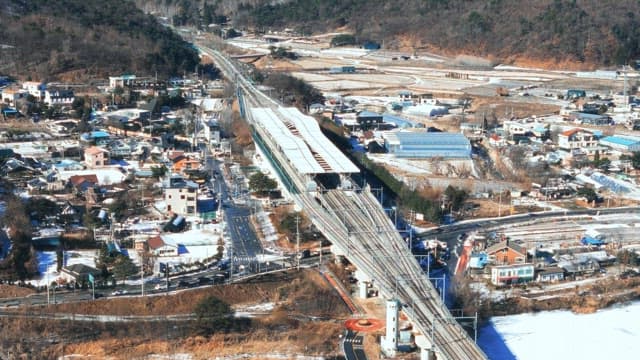 Aerial View of a Snowy Train Station in a Rural Town