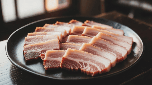 Slices of raw pork belly on a plate