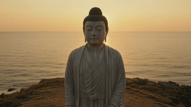 Sunrise by sea and giant Buddha statue