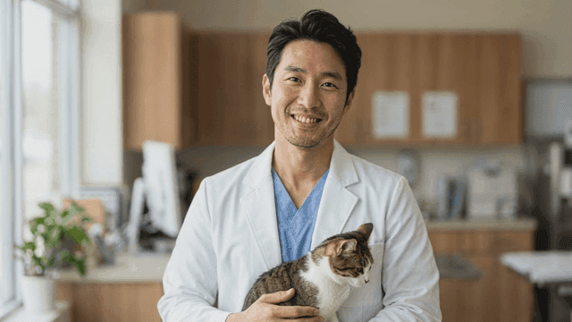 Veterinarian holding a cat in a clinic