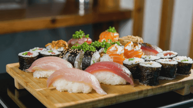 Various sushi served on wooden plates