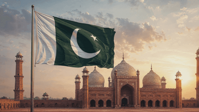 Historic mosque with Pakistani flag