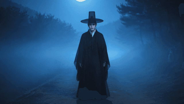 Grim Reaper wearing hat under moonlight