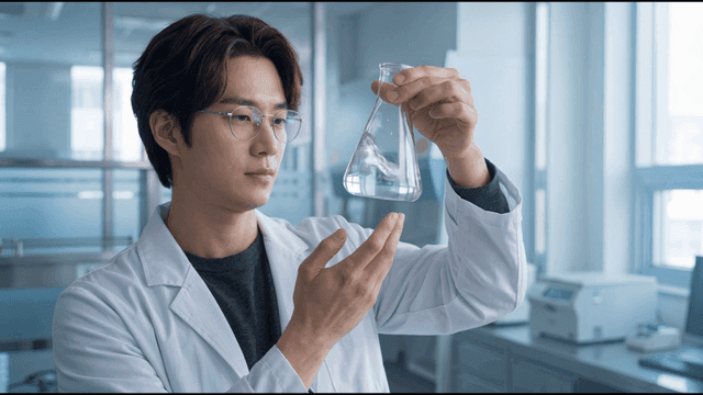 Scientist examining a liquid in a flask