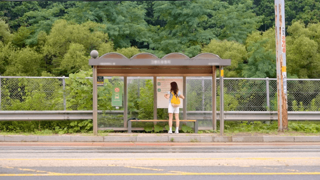 A woman waiting at a bus stop in the countryside