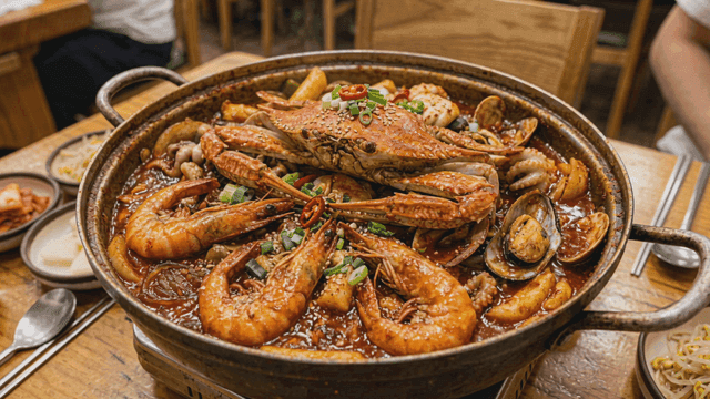 Spicy seafood stew on table