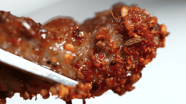 Chopsticks lifting spicy grilled lamb skewer coated in seasoning