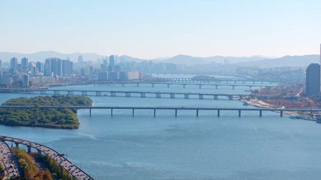 City skyline with multiple bridges