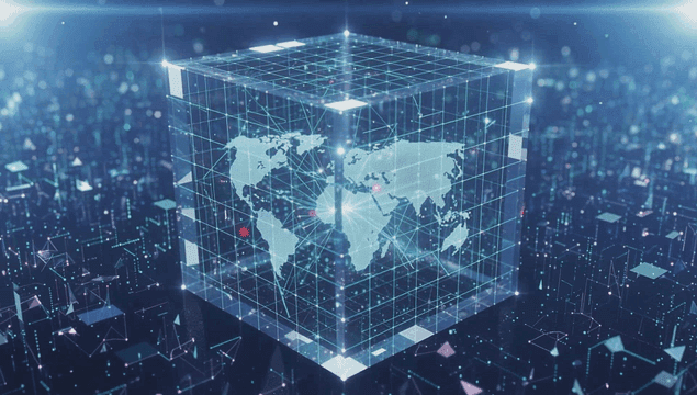 Digital cube with world map and data points