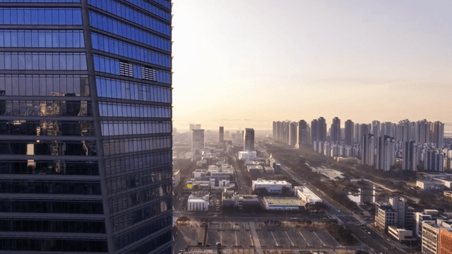 City skyline with skyscrapers at sunrise