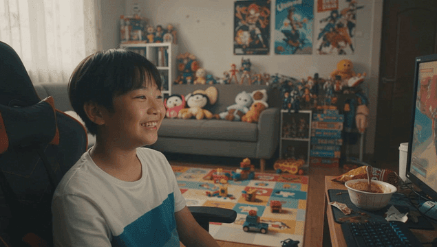Elementary school kid enjoying computer games in living room