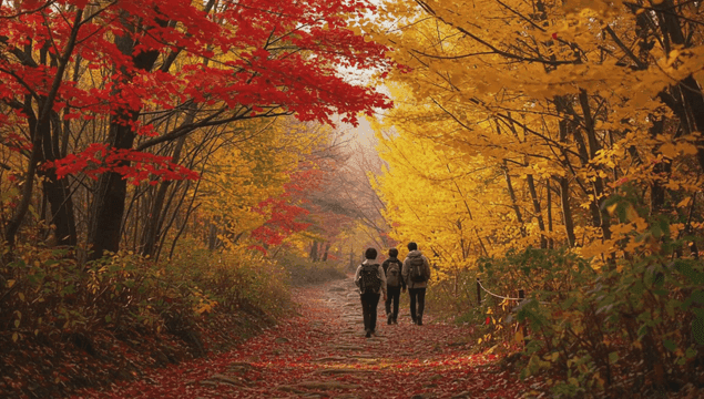 사람들이 가을 숲을 걷고 있는 모습