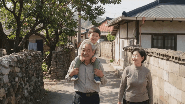 Grandfather and Grandmother, along with grandson on hobby horse, enjoying walk in rural village