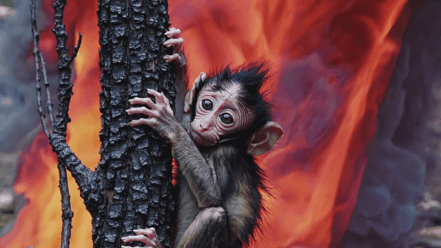 A monkey clinging to a tree amidst fire