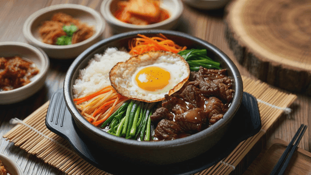 Stone pot bibimbap topped with fried egg