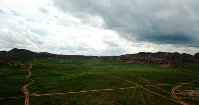 Vast green plains under a cloudy sky