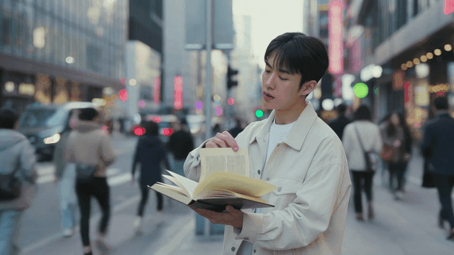 Man reading book on busy city street