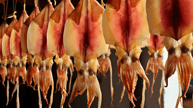 줄지어 매달린 마른 오징어