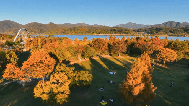 가을 풍경을 즐기는 사람들이 있는 경치 좋은 공원