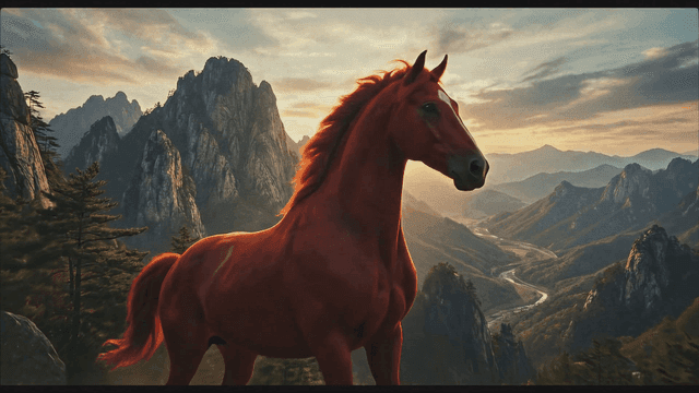 Majestic red horse in mountainous landscape