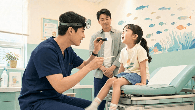 Scene of doctor examining child's neck