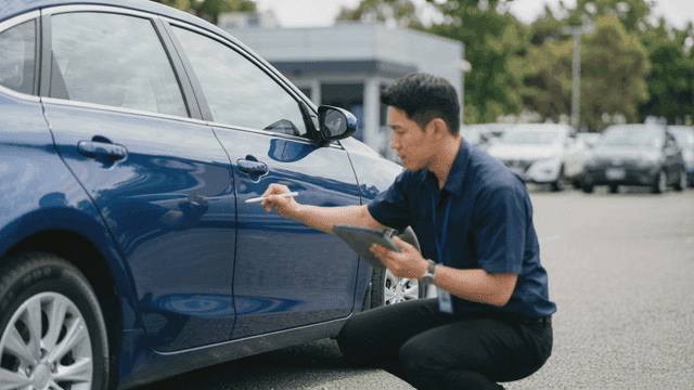 Used car dealer inspecting vehicle in parking lot