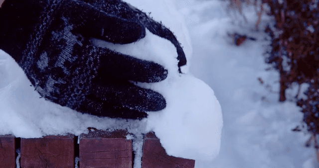 벤치 위의 눈을 만지는 장갑 낀 손