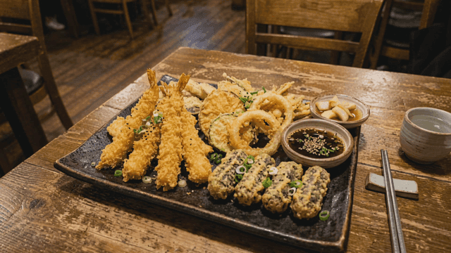 Various tempura on table