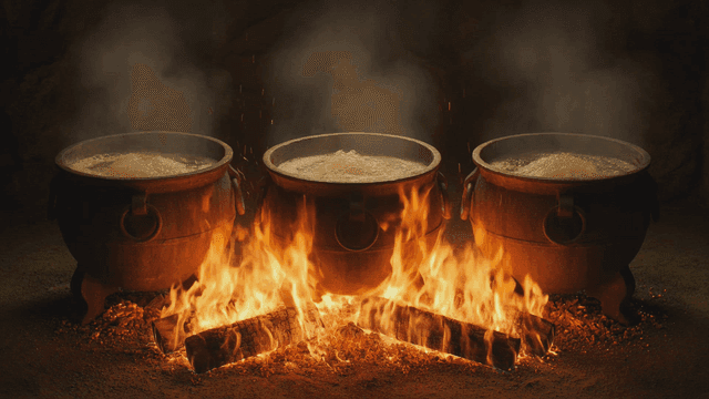 Three pots of oil boiling over hot fire