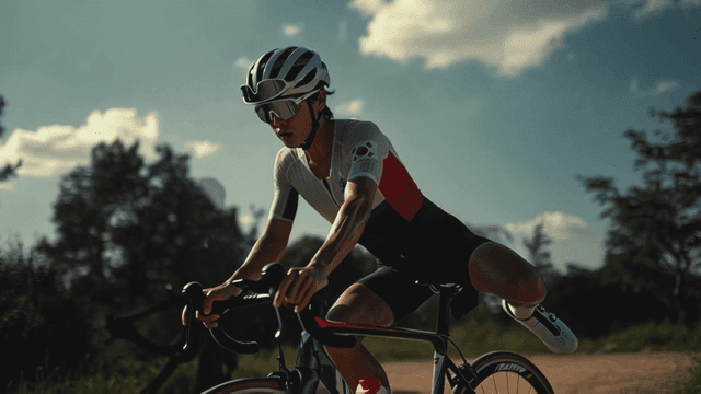 National cyclist riding bike on clear day